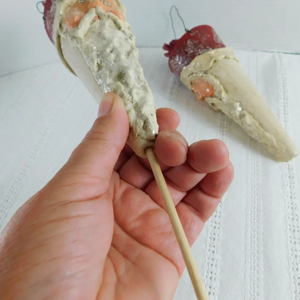 Christmas Ornaments Santa Plaster Handmade Sugared Lot of 2, Red Cones Vintage